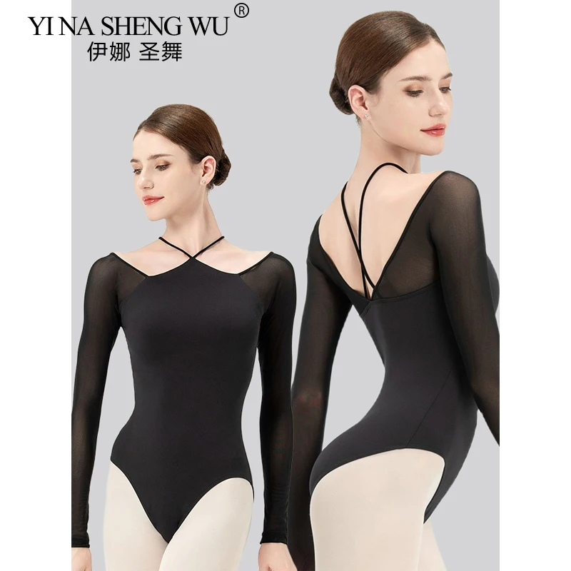 black-mesh-ballet-leotard-women-cross-shoulder-strapsone-piece-cup-classical-dancewear-gymnastics-swimsuit-yoga-tights-shows
