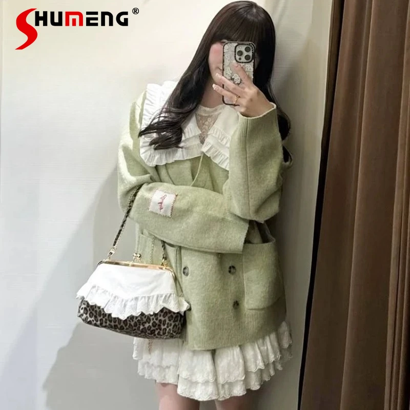 

Japanese Woman's Knit Cardigan Sweater Spring Autumn New Ladies Loose Sweet Elegant Detachable Ruffle Turndown Collar Knit Top