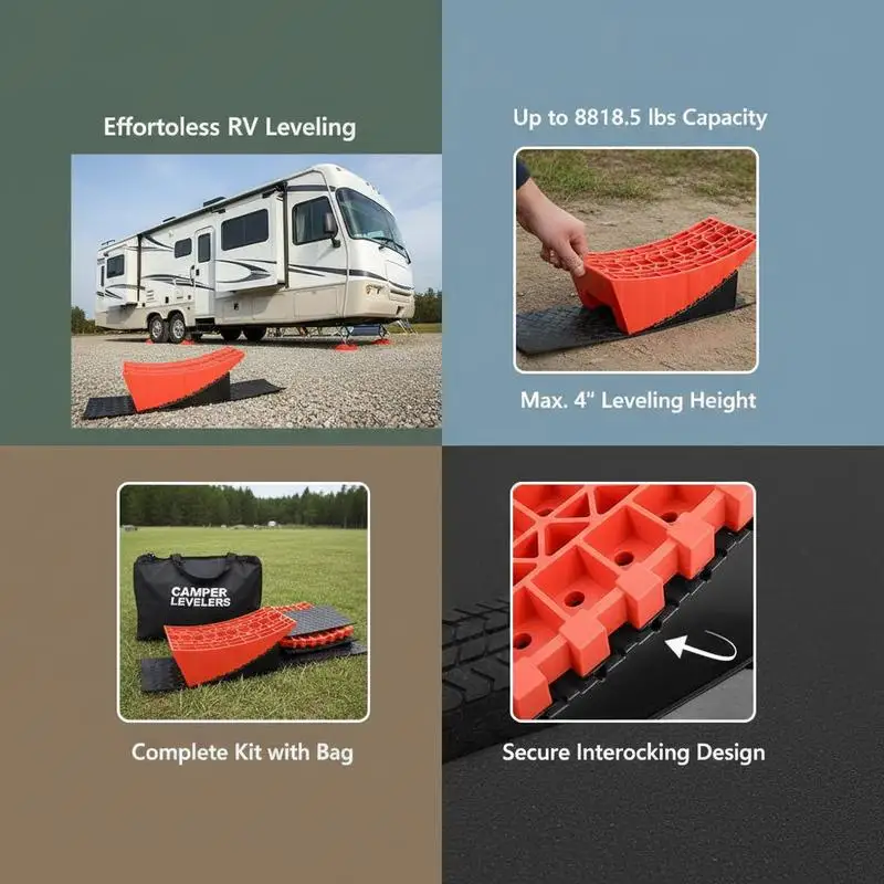 RV Leveling Wedges 15" For Travel Trailers Motorhomes Campers 4" Lift Height Heavy Duty Curved Ramp Kit Rubber Mats Carrying Bag Bubble Indicators 2-Pack view 5