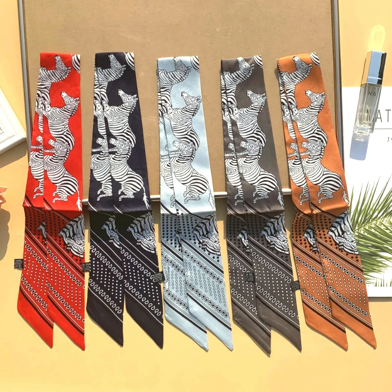 

Новый длинный маленький шелковый шарф, повязка на голову, женский двусторонний элегантный ремешок с зеброй, маленький шарф, подарочная лента, шелковый шарф