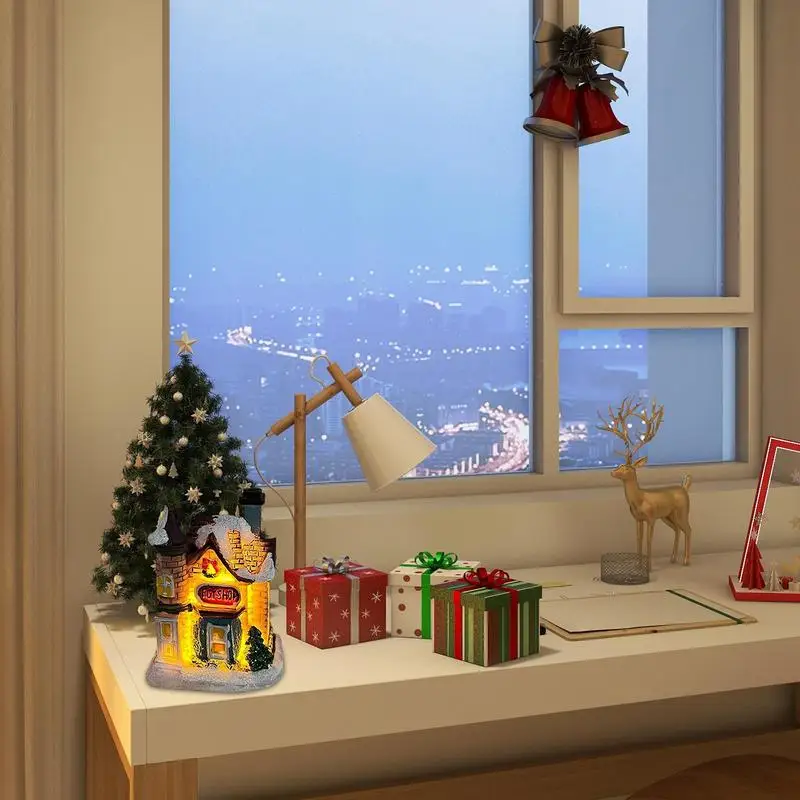 ตุ๊กตาคริสต์มาส Vintage Miniature House โคมไฟความงามแบตเตอรี่ดําเนินการโคมไฟข้างเตียงสะสมอาคารตาราง
