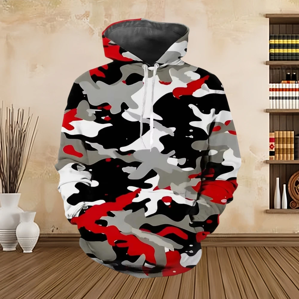 Men\'s Hoodie Militarily Printed Camouflage Patterns Digital Printing Casual Kangaroo Pocket Long Sleeved Hooded Men\'s Clothing