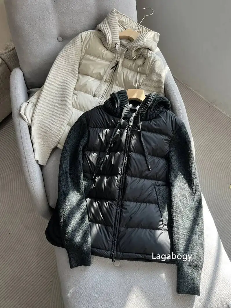 Lagabogy 2025 جديد الخريف الشتاء محبوك المرقعة الأبيض بطة أسفل سترة المرأة الرباط مقنعين الدافئة خفيفة الوزن معطف منتفخ #6