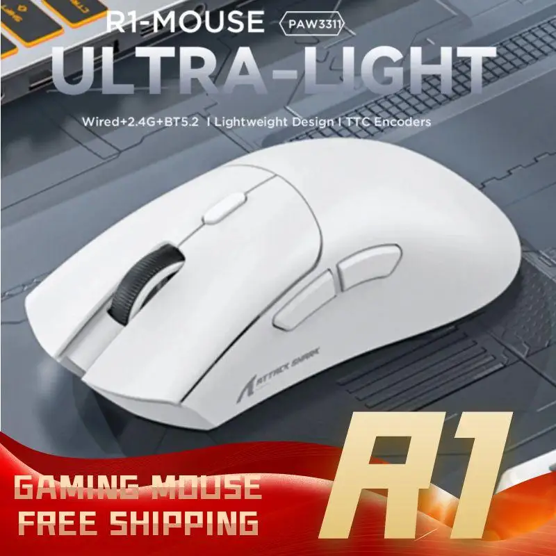 

Трехрежимная беспроводная игровая мышь Attack Shark R1 X11 18K DPI PAW3311 Bluetooth/2,4 ГГц/проводная легкая программируемая для ПК/ноутбука