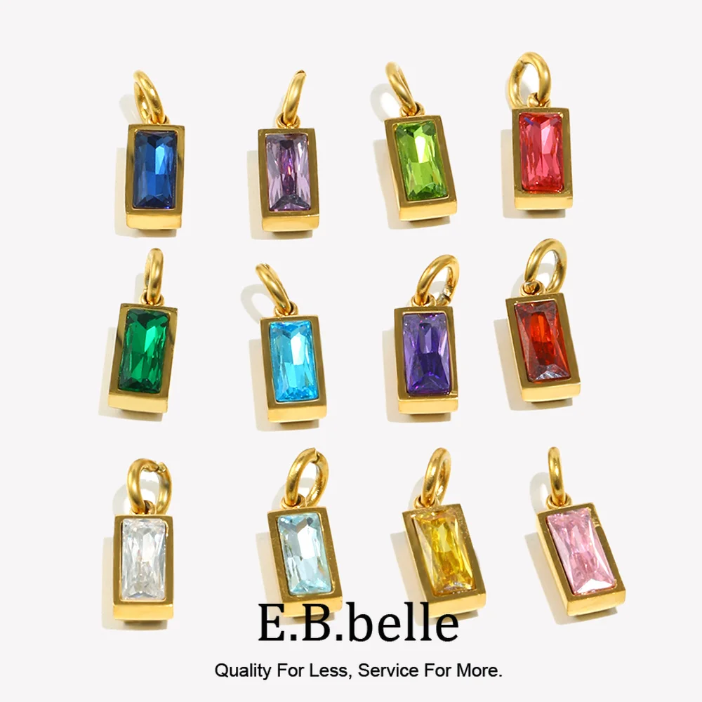 E.B.belle 12 Month Rectangle Birthstone Charm Pendant Colorful Zircon Stainelss Steel Tarnish Free For Women DIY Necklace