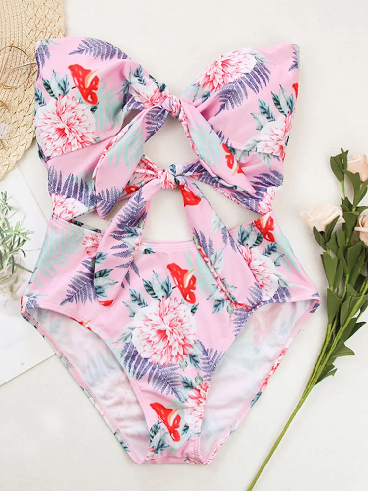 Miyouj Pink Color Swimwear Women Sexy Swimsuits Hollow Out One Piece Suits High Waist Beachwear