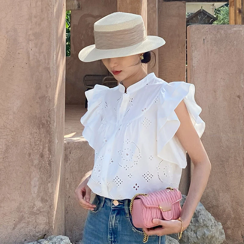 

Frenchy Eyelet Butterfly Sleeve White Women Blouse 2024 Spring/Summer Vacation Hollow Out Top Women Clothing