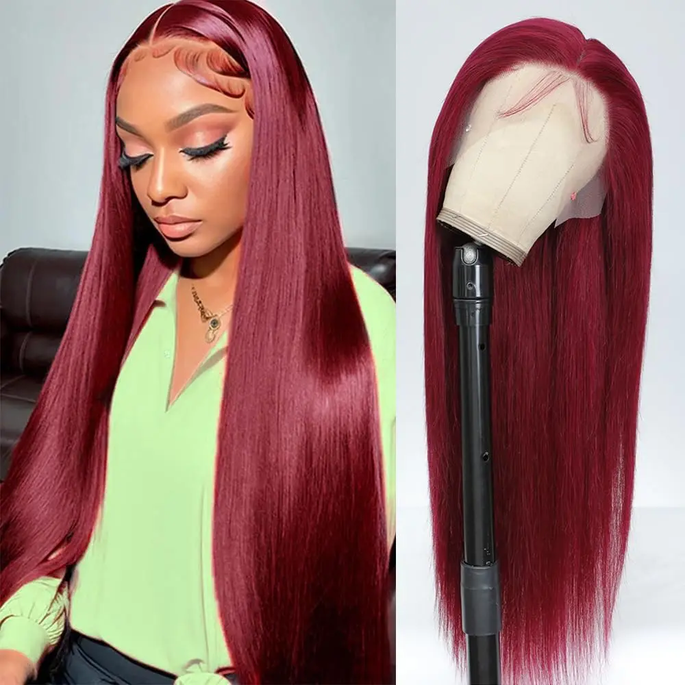 

Long Burgundy Red 13x4 Lace Front Human Hair Wigs 99J Colored Bone Straight Transparent Peruvian Lace Frontal Wigs For Women