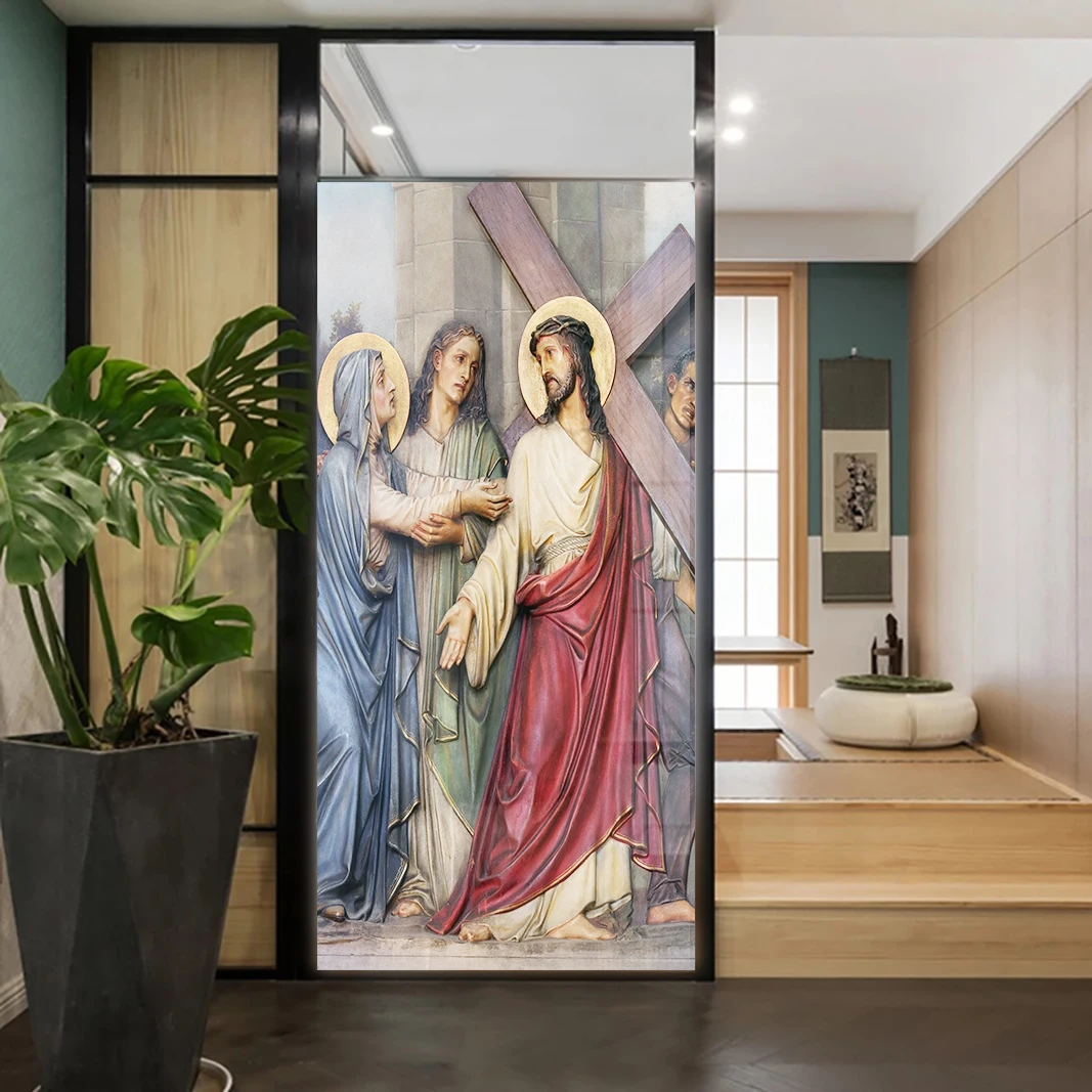 Church Stained Glass Decals Window Film Privacy Heat Insulation and Anti UV Blocking Static Cling Window Sticker for Home J4