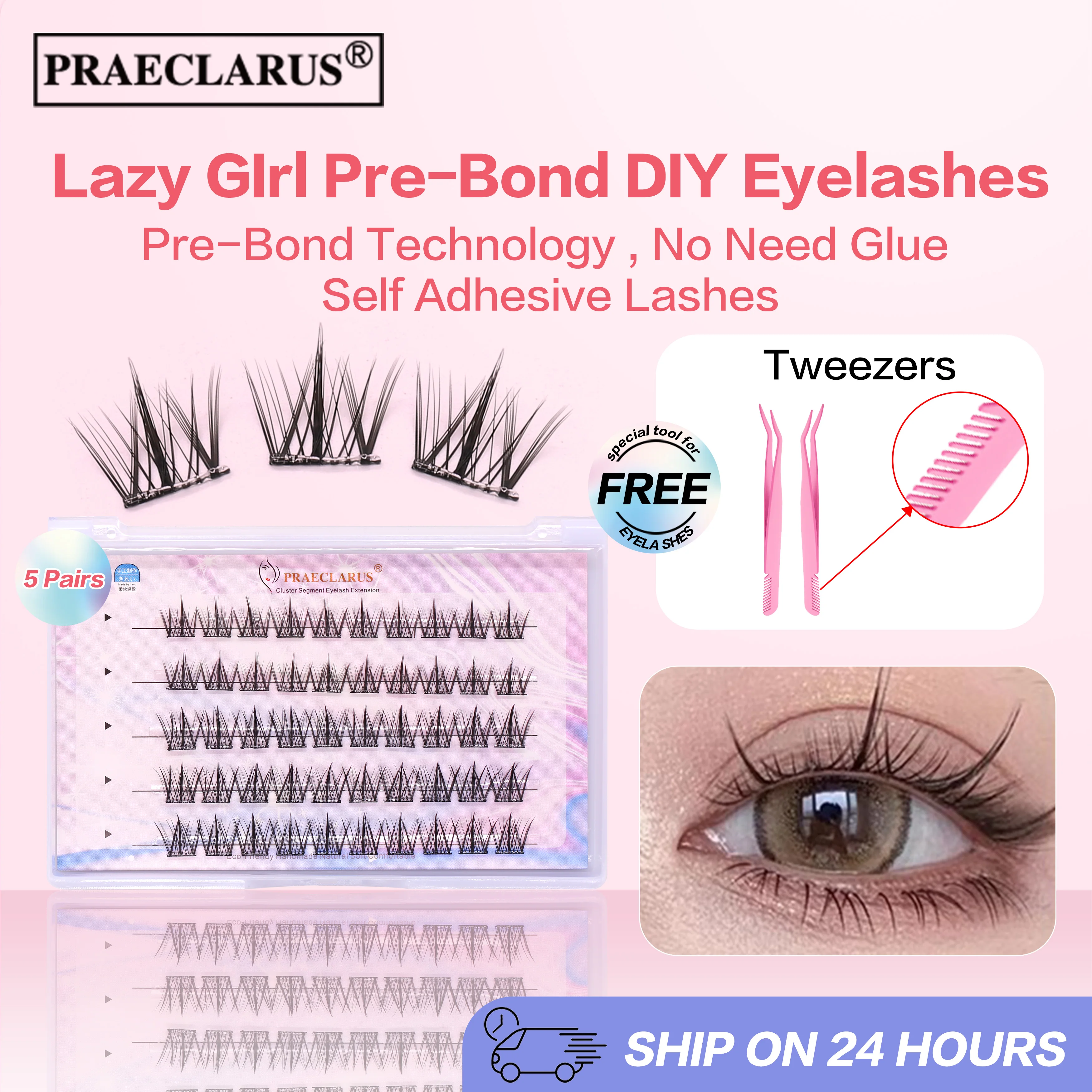 

PRAECLARUS Lazy Girl Pre-Bond Technology No Glue Needed Eyelash 1-Step Press On Self Adhesive Reusable Natural Glue Free lashes