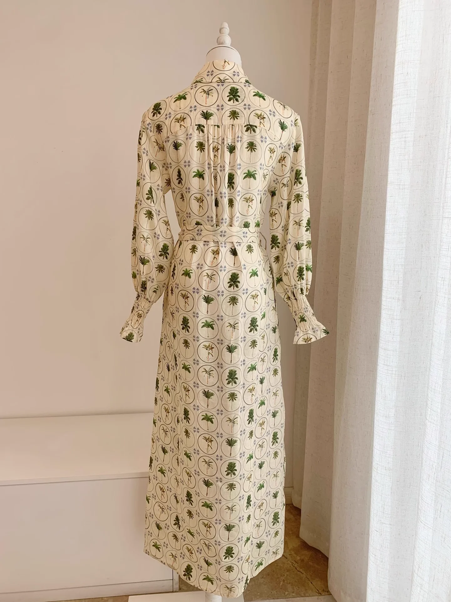 ผ้าลินิน 100% สุภาพสตรีรูปแบบเรขาคณิต Maxi ชุด 2025 ใหม่ LACE-up เอว Turn-Down คอยาวแขนยาว VINTAGE หญิง Robe