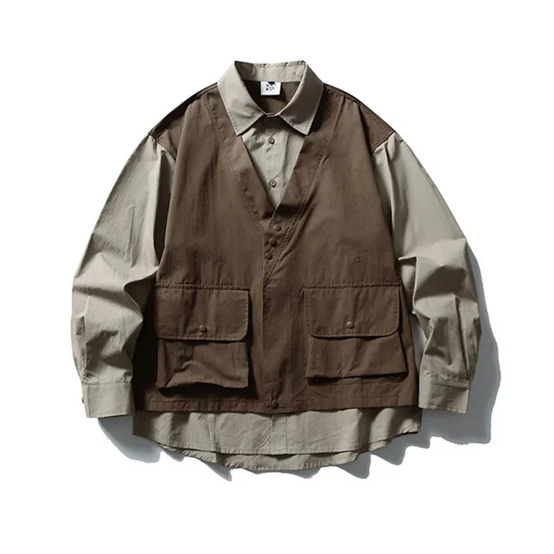Autumn Splice Fashion Shirt Men Streetwear Cityboy Oversize Loose Casual Long Sleeve Cargo Shirts Couple Blouses