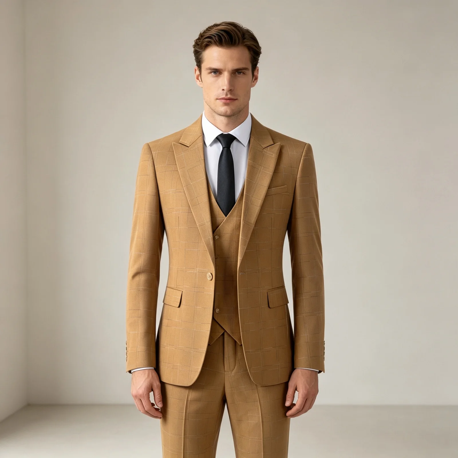 Men's 3‑Piece Plaid Suit Set Slim Fit Windowpane Check Blazer Vest Pants Formal Business Wedding Party Gentleman Suit