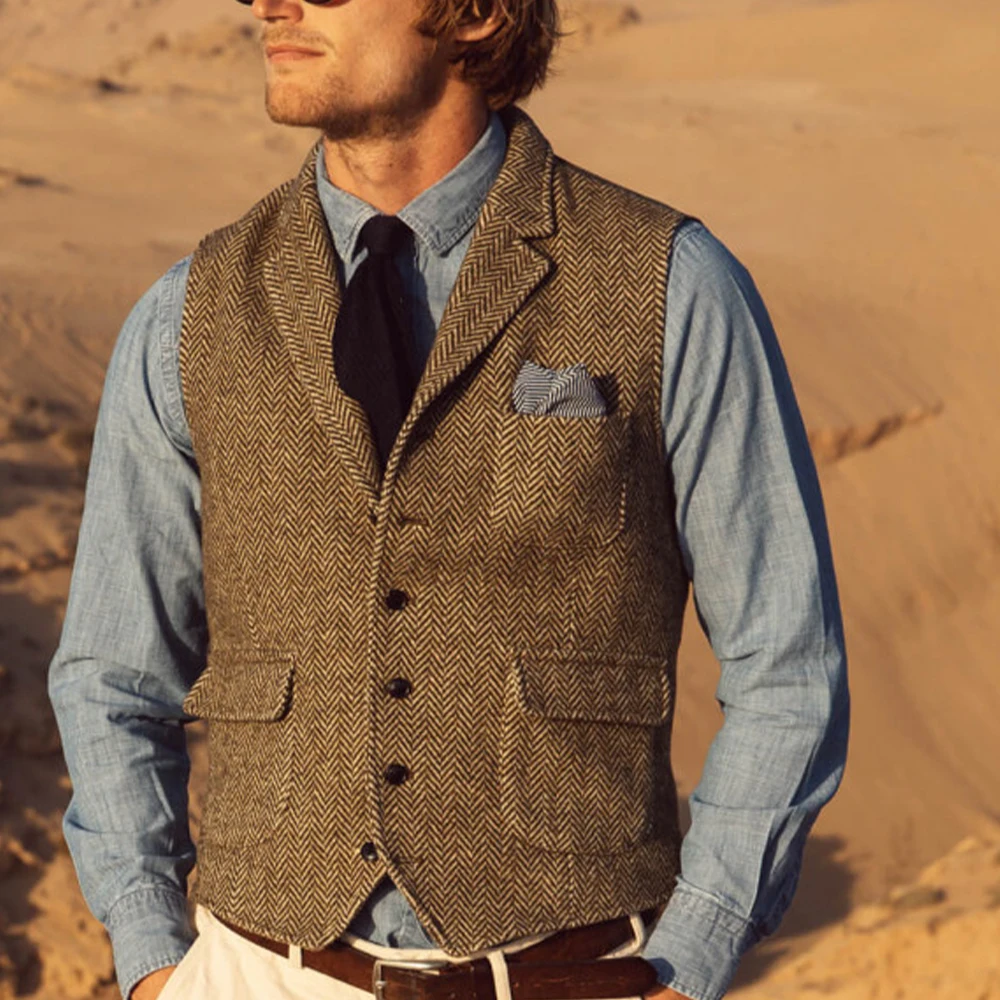 

Мужской жилет из твида с узором «ёлочка» и настоящими карманами, однобортный, зимний, для костюма