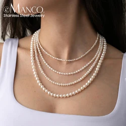 eManco New Imitation Pearl Necklaces Round Multi Size White Pearl Stainless Steel Necklace Women's Collarbone Chain