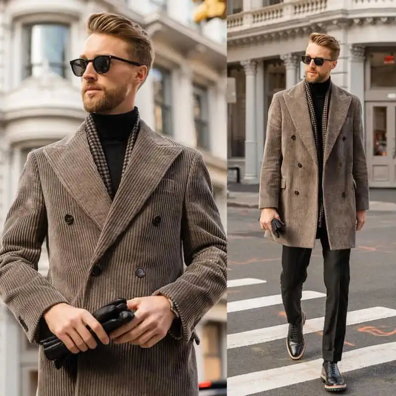 

Corduroy Men Suit Coat Double Breasted Peaked Lapel Long Coat Winter Warm Business Commuted пальто мужское