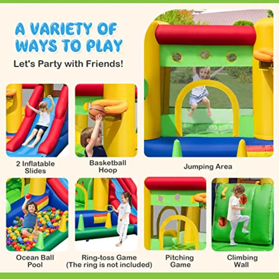 Inflatable Bounce House w/Blower, Indoor & Outdoor Bouncy Castle w/ 2 Slides, Ball Pit, Jumping Playhouse Inflatable Bouncer for