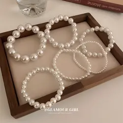 Elegant White Faux Pearls Beaded Bracelets for Women Adjustable Elastic Rope Bracelet French Luxury Hands Jewelry Accessories