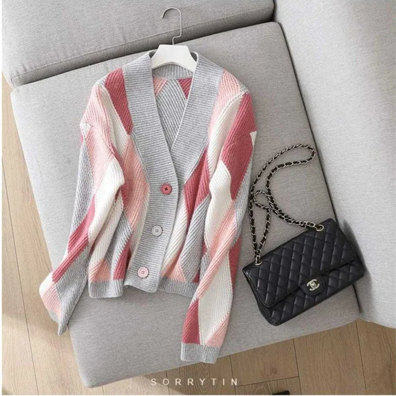 

2025 Women Fashion Loose Fitting Knitting Spring Autumn Color Blocking Female Sweater New Long Sleeves Ladies Knitwear Cardigan