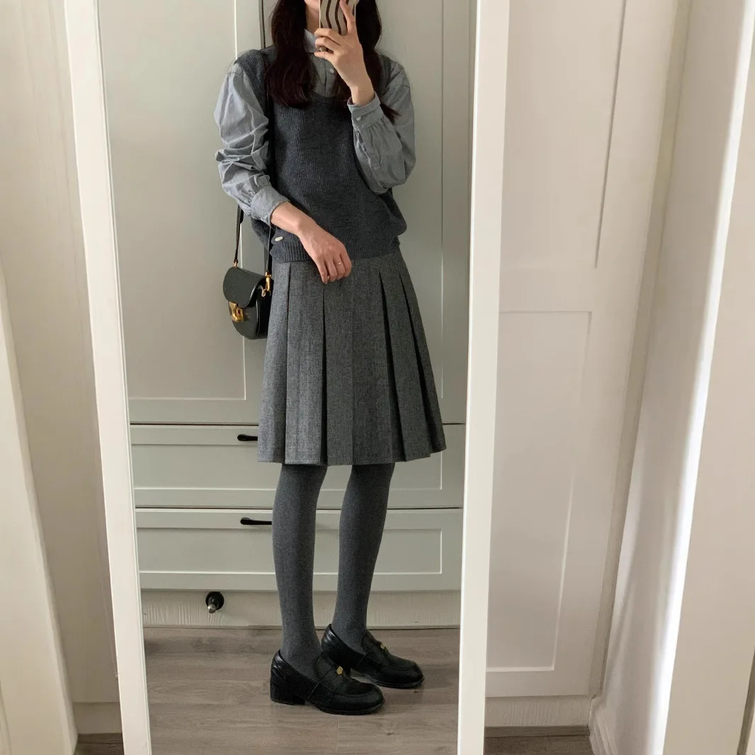 Grey Woolen Pleated Skirt Mid-skirt Autumn and Winter New Versatile A-shaped Skirt on Both Sides Women's High-end Sense
