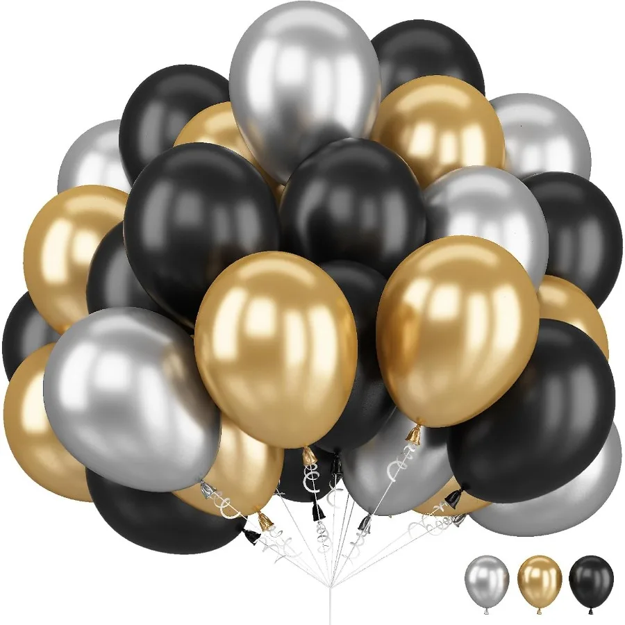 

12-дюймовый набор черных и золотых воздушных шаров для украшения новогоднего вечеринки: элегантные черные, серебряные латексные шары, идеально подходящие для дня рождения W