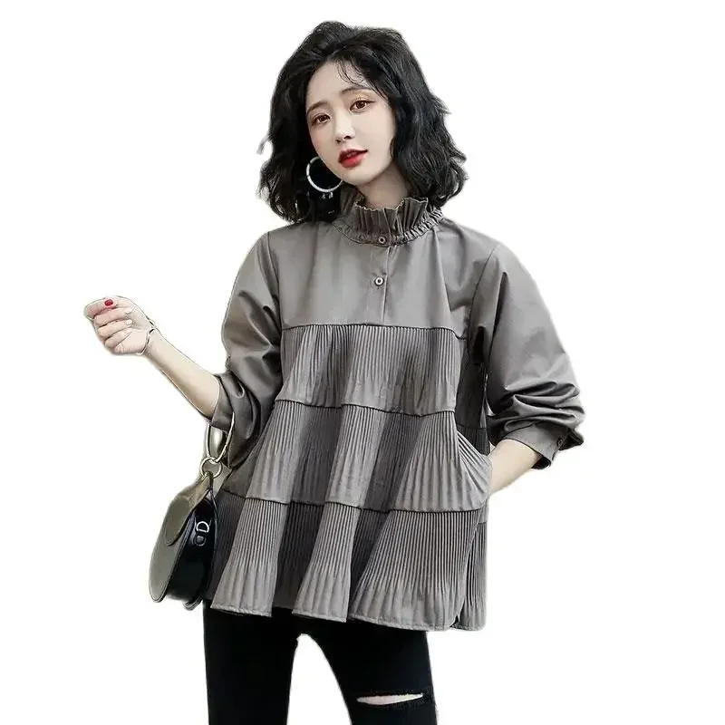 Gray-Brown Shirt Women's Long-Sleeved Spring Autumn High-Necked Loose Doll Shirts Top Pleated Lantern Sleeve Fluffy Blouse