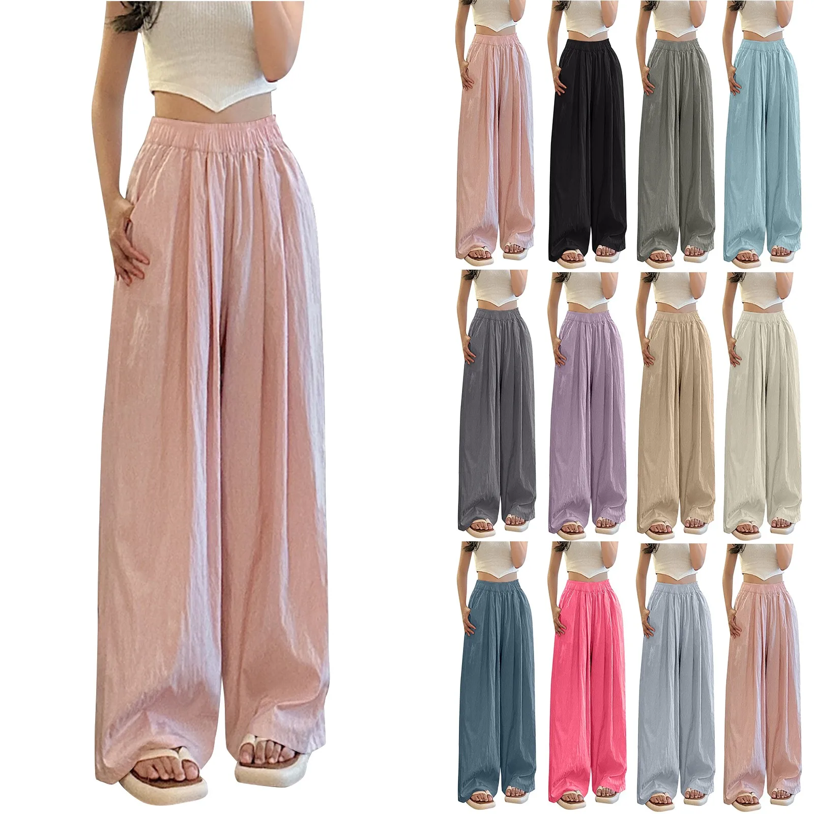 Ice Silk Wrinkled Pants Spring And Autumn New Ladies Ice Silk Light Wide Leg Trousers Solid High Waist Loose Wild Straight Casua