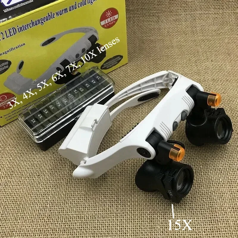 

3X 4X 5X 6X 7X 10/15x LED Interchangeable Cold Warm Light Glasses Loupe Jewelry Watchmaker Magnifier Magnifying Glass with Light