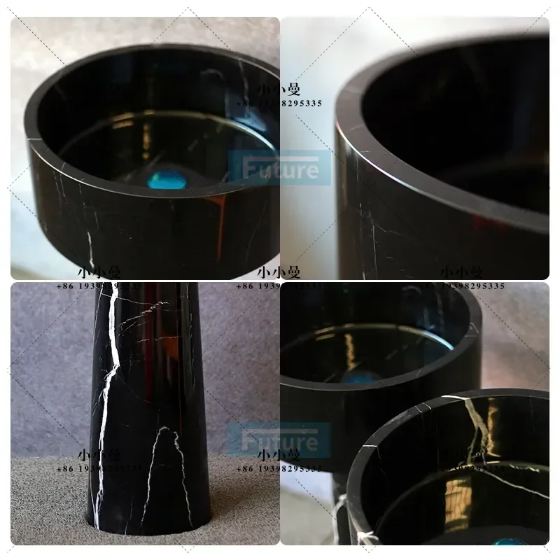 Black and White Round Column Wash Basin Mini Natural Stone Sink Dirt Resistant for Small Apartment Bathroom Vanity