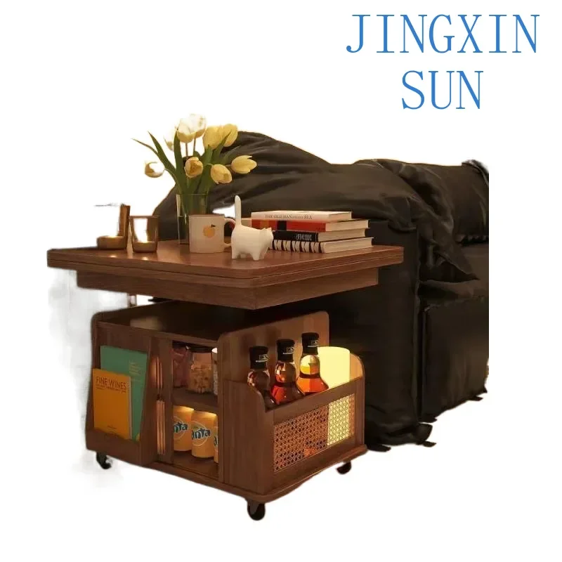 Lifting folding mobile cart solid wood tea table small apartment living room multi-functional sofa dining table dual-purpose