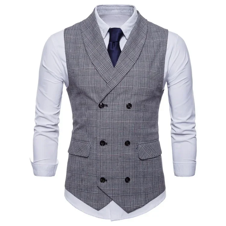 

Autumn Men Plaid Suits Coats Blazer Vests Double Breasted Turn Down Collar Sleeveless Slim Fit Vest Coat Casual Regular Splice