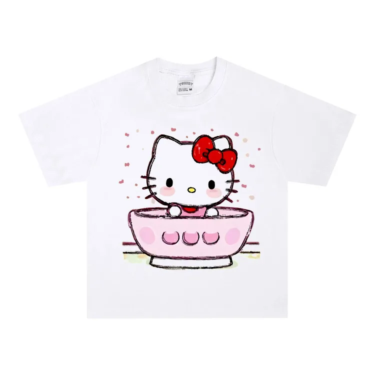 Summer New Hello Kitty Cat-shaped Rotating Cup Cute T-shirt Fun Couple Short-sleeved T-shirt for Women and Men