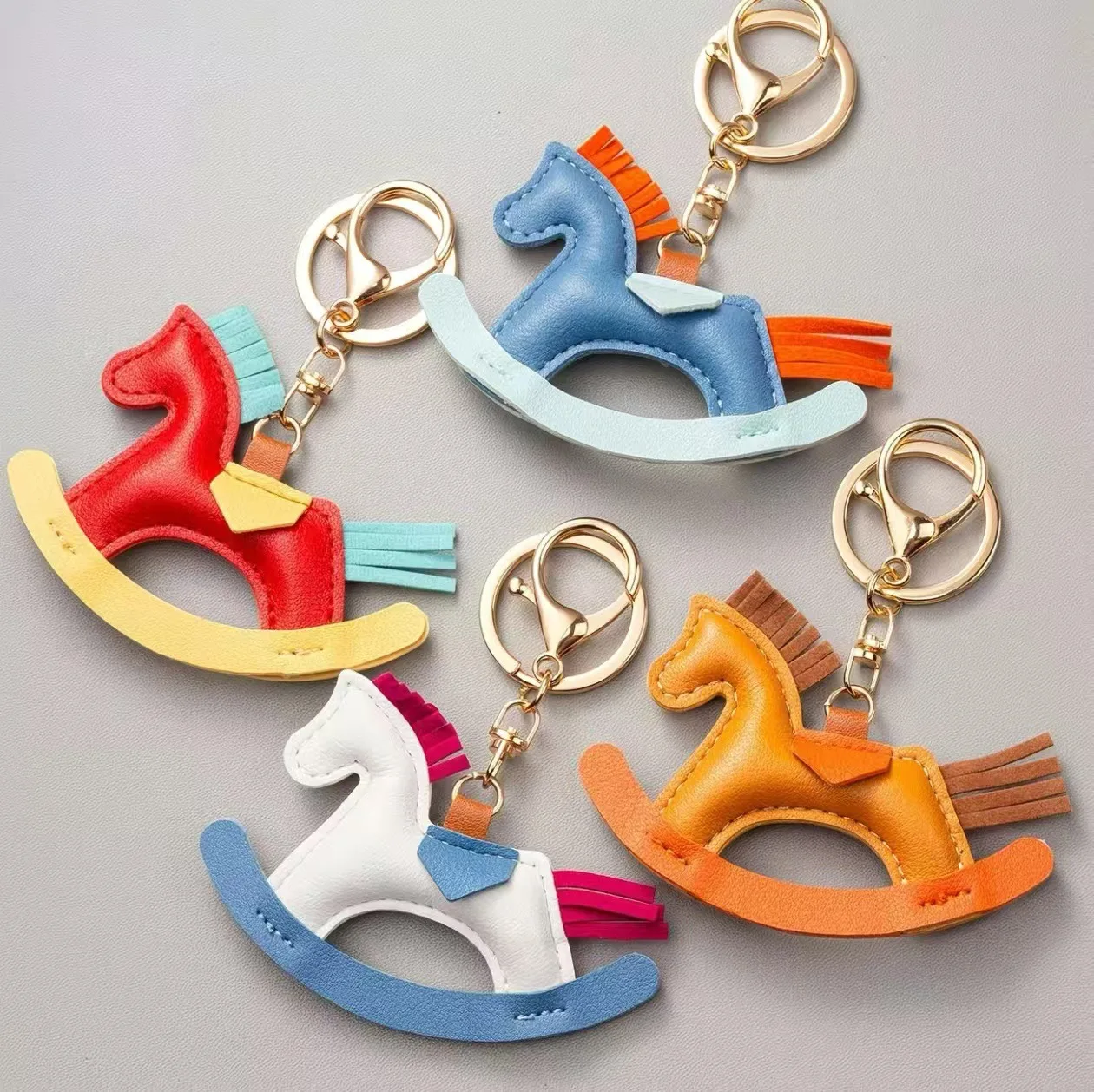 Cartoon Horse Shaped Keychain Leather Sewn Tassel Pony Keyring for Women Backpack Purse Accessories Baby Shower Birthday Gifts