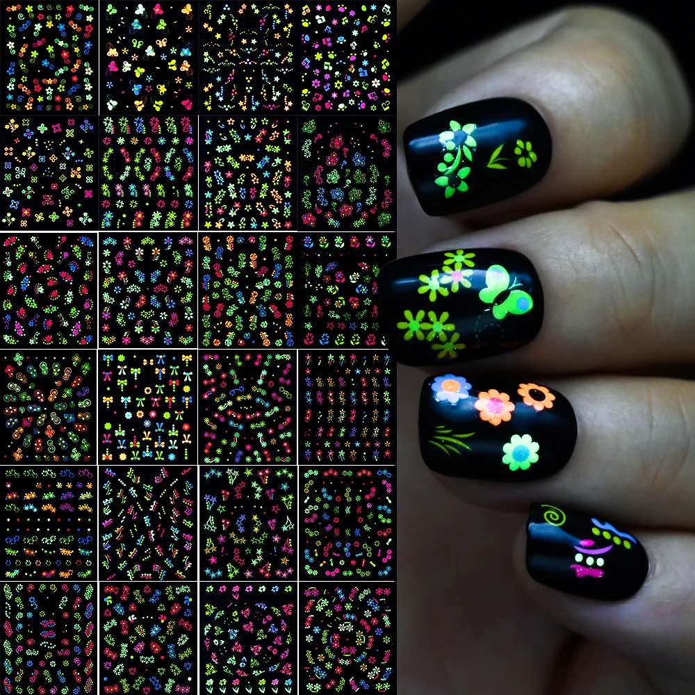 24pcs/Set Butterfly Flower Luminous Nail Sticker 3D Spring Fluorescent Floret Design Glow in the Dark Manicure Sliders Tips Deco