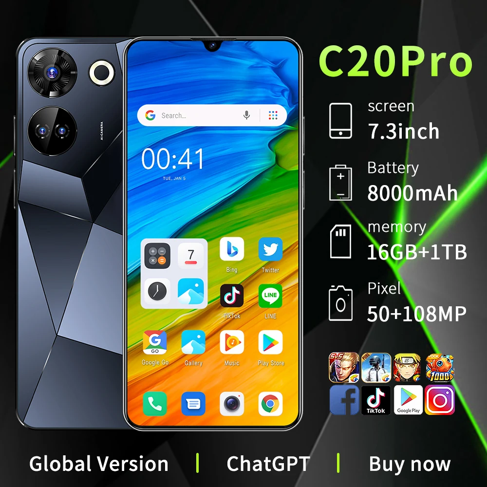 C20 Pro globalny telefon do gier 6.8 \'\'HD + Android 13 16GB + 1TB 8000mAh odblokowanie twarzą odblokowanie linii papilarnych Edition 5G telefony