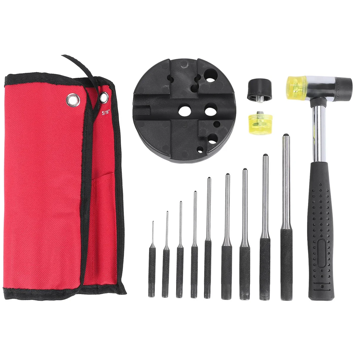 Roll Pin Punch Set with Storage Pouch,Smithing Punch Removing Repair Tools,with Bench Block Pin Punches and Hammer