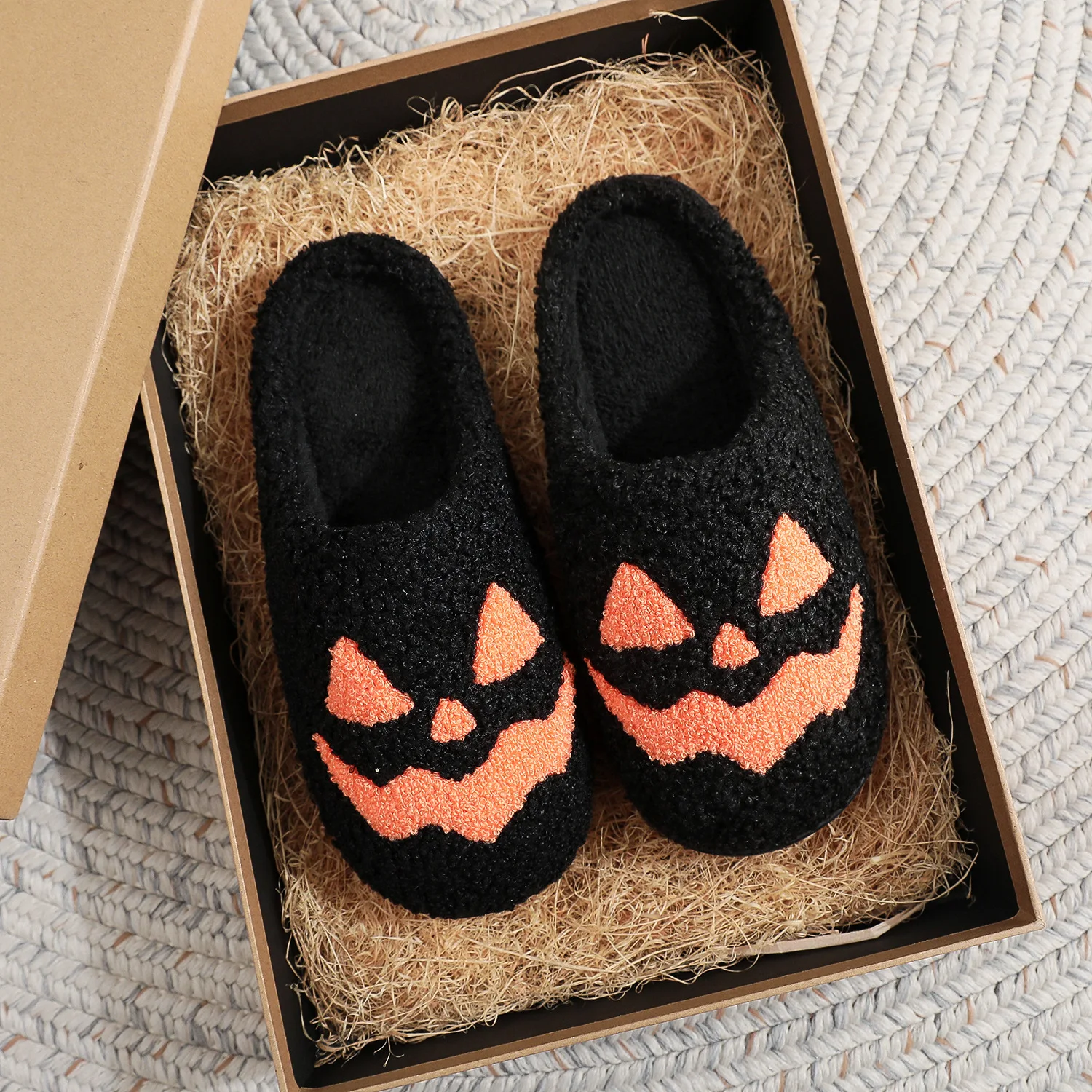 SHAJI Halloween Pumpkin Face Plush Cotton Slippers Unisex Autumn Winter Warm TPR Sole Nonslip Indoor Home Slippers