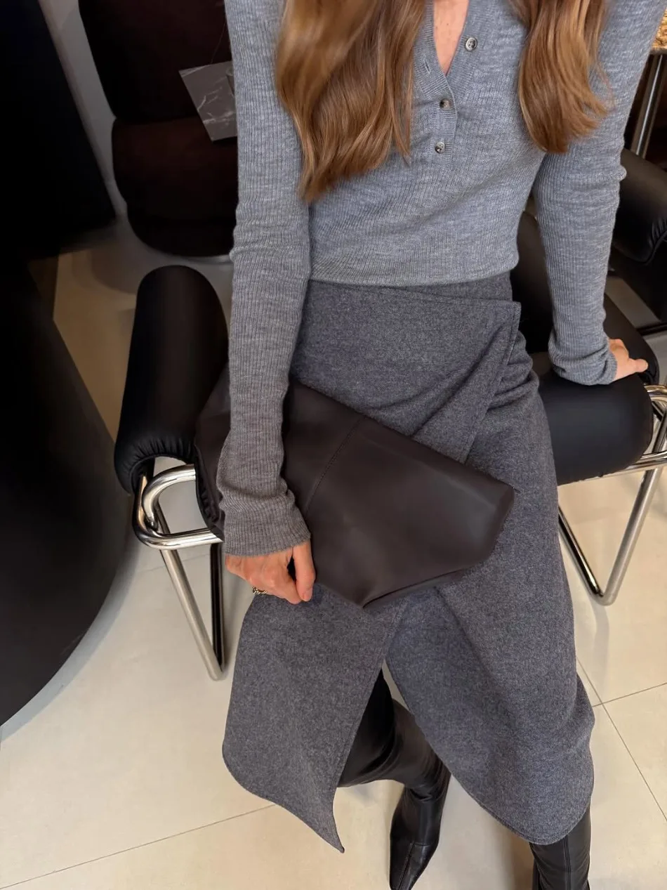 Herbst Winter Neue Damen-Pendlerkleidung Grauer Woll-Midirock Eleganter Hochtaillierter Knopf-Schlitzrock für Damen – Detail 4