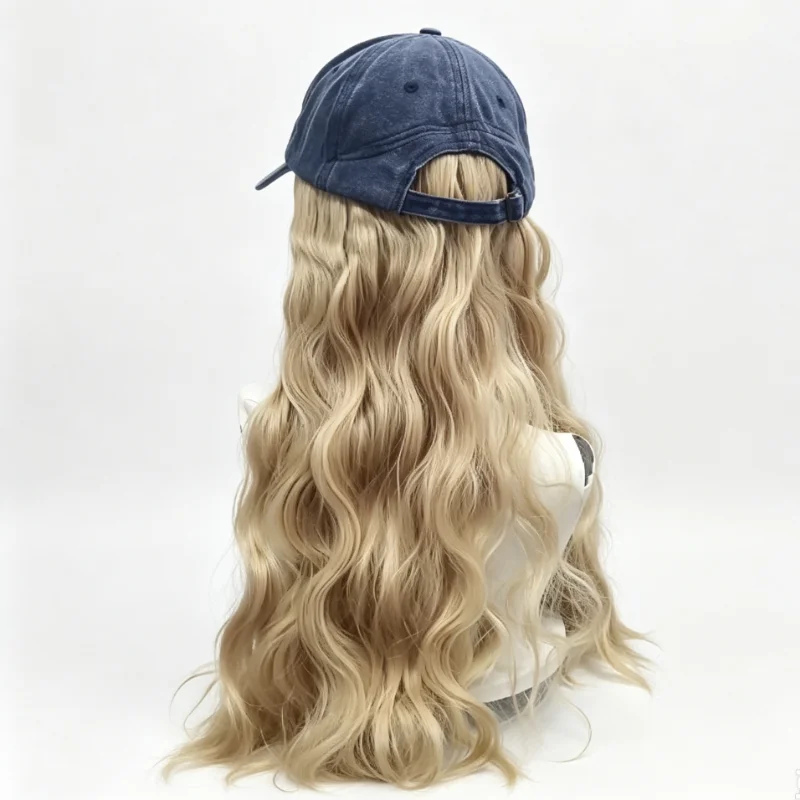 Anxin Brand Synthetic Fiber Wig: Denim Baseball Cap + Long Golden Curly Hair with Big Waves, Women's Daily Fashion Casual Style, European and American Style, Carnival, Halloween, Music Festival Hat Synthetic Wig view 4