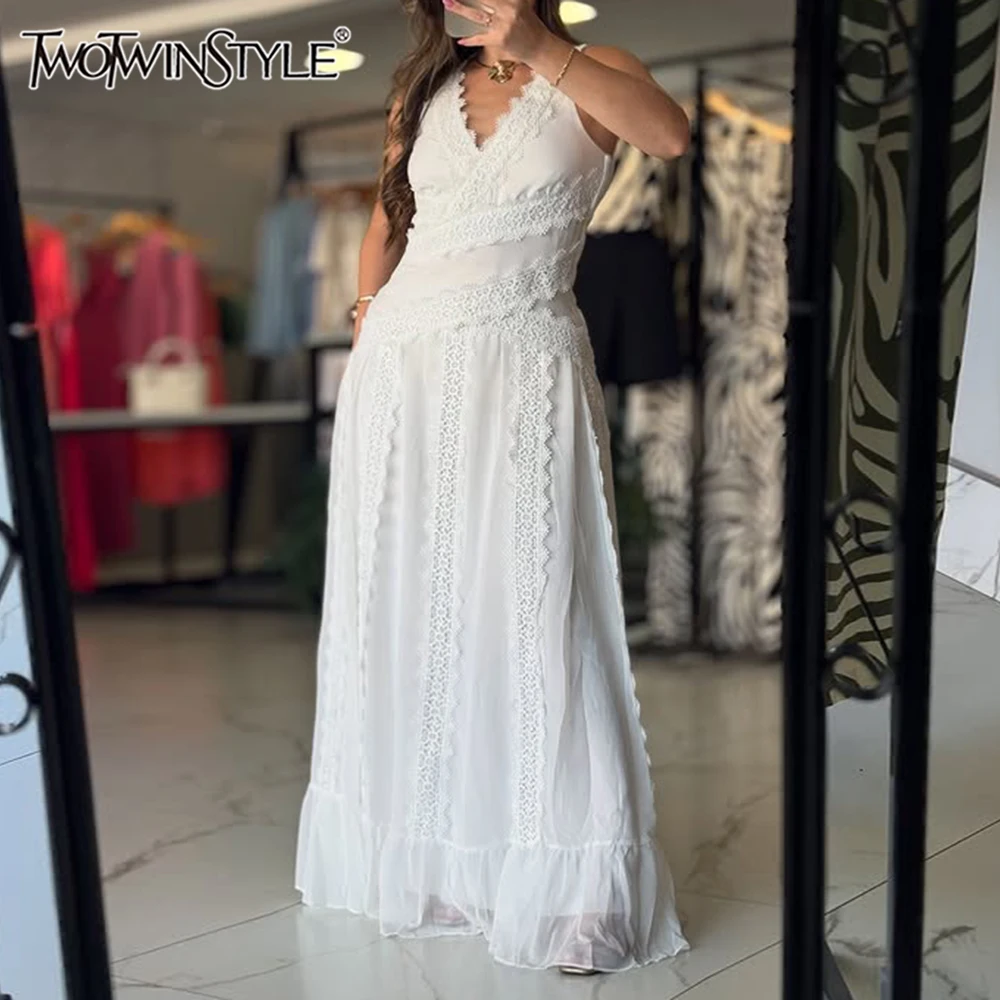 

TWOTWINSTYLE White Spliced Lace Minimalist Dresses for Women V Neck Sleeveless Temperamnet Long Dress Female Fashion Clothes New