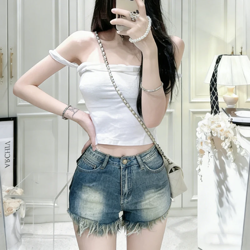 

Women's High Waist Denim Shorts Retro American Summer Washed Frayed A-Line Slimming Sexy Hot Pants Fashion Jeans Shorts