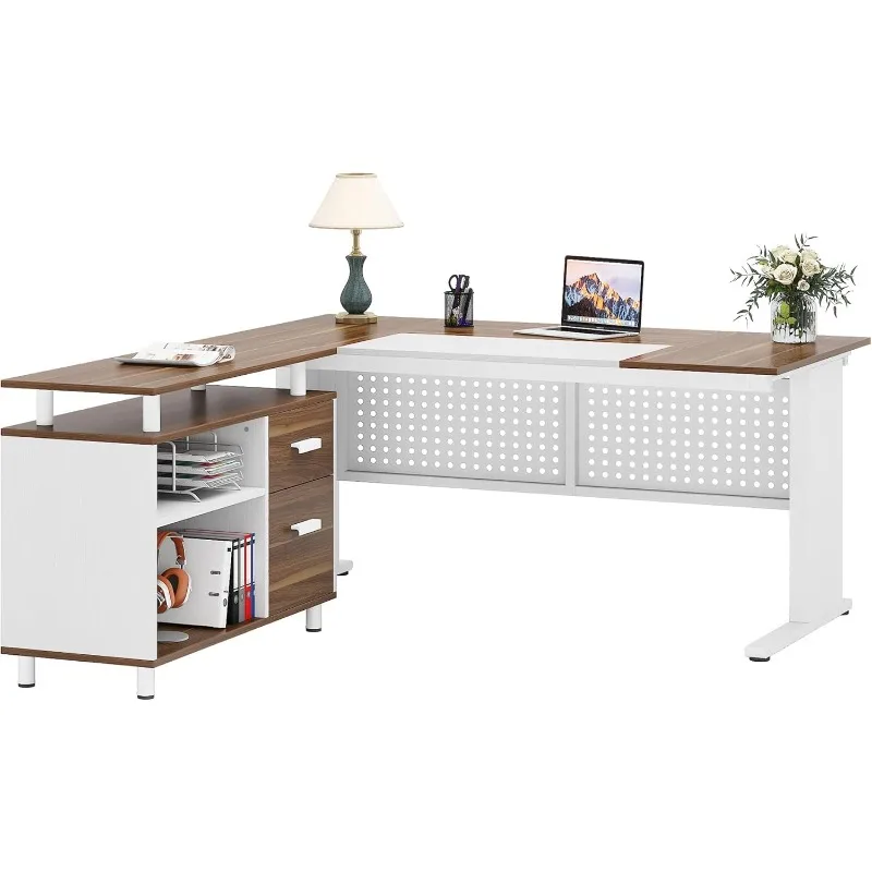 

Large Computer Desk with File Cabinet, 63 Inch Executive Desk L Shaped Desk with Drawers and Storage Shelves