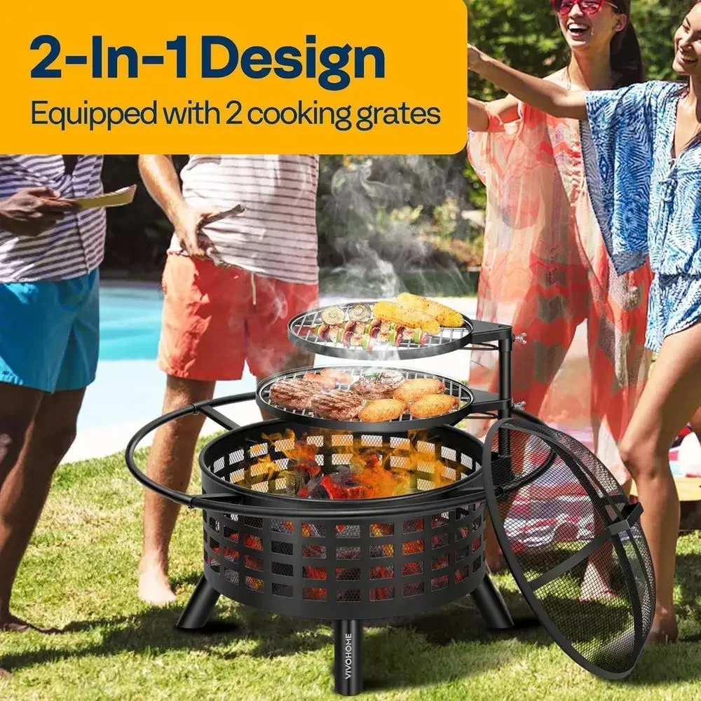 36 Dual-Grill Outdoor Fire Pit, Wood-Fired with Spark Screen and Waterproof Cover, Ideal for Backyard BBQs and Camping
