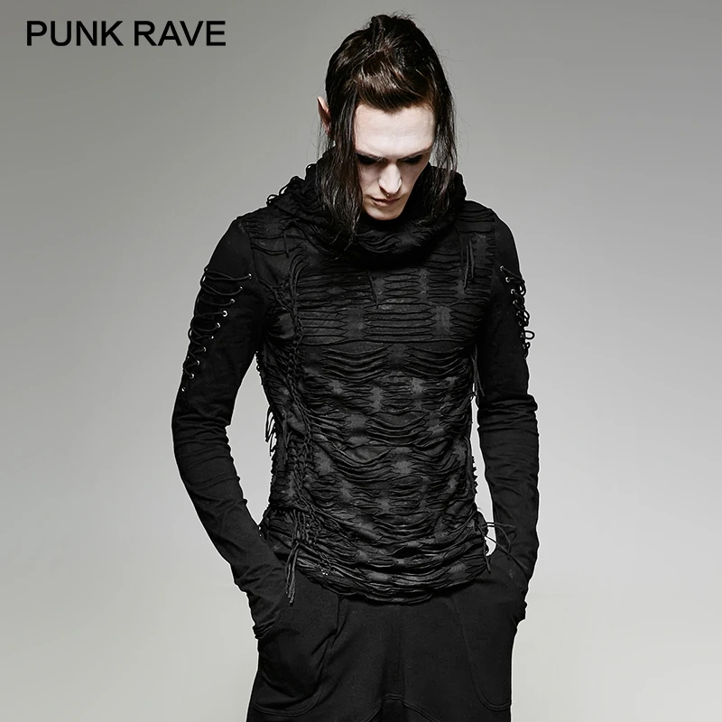 PUNK RAVE Men's Punk Rock Cool Long Sleeve T-shirt Gothic Casual Hooded Mystery Sweatshirt Personality Black Tops Streetwear