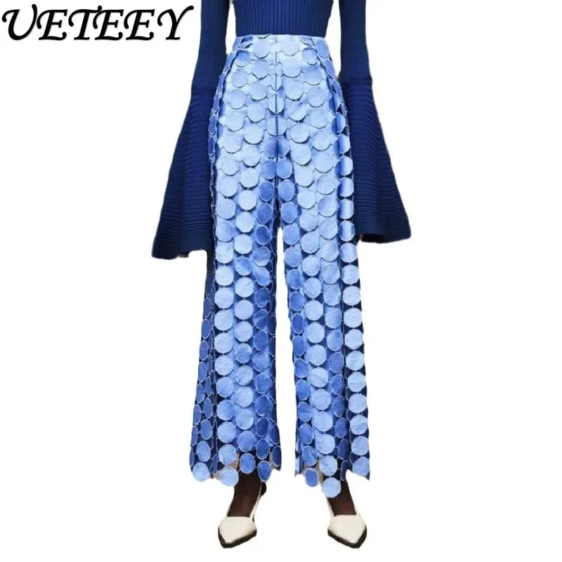 

Autumn and Winter New Products Fashion Disc Hollow Embroidery Solid Color Long Baggy Pants Wide Leg Casual Trousers for Women