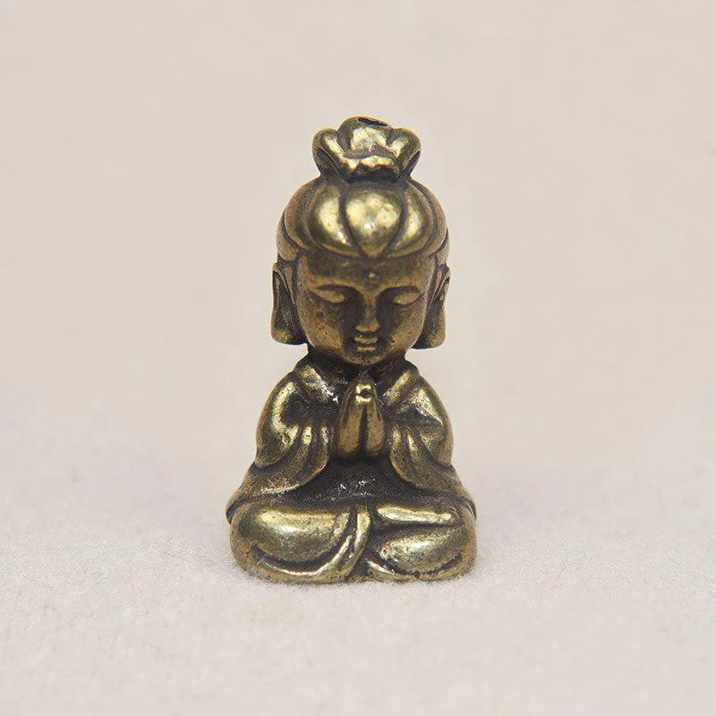 Mini Solid Brass Guan Yin Buddha Small Ornaments Vintage Copper Buddha Statue Miniature Figurines Handcraft Desktop Home Decors
