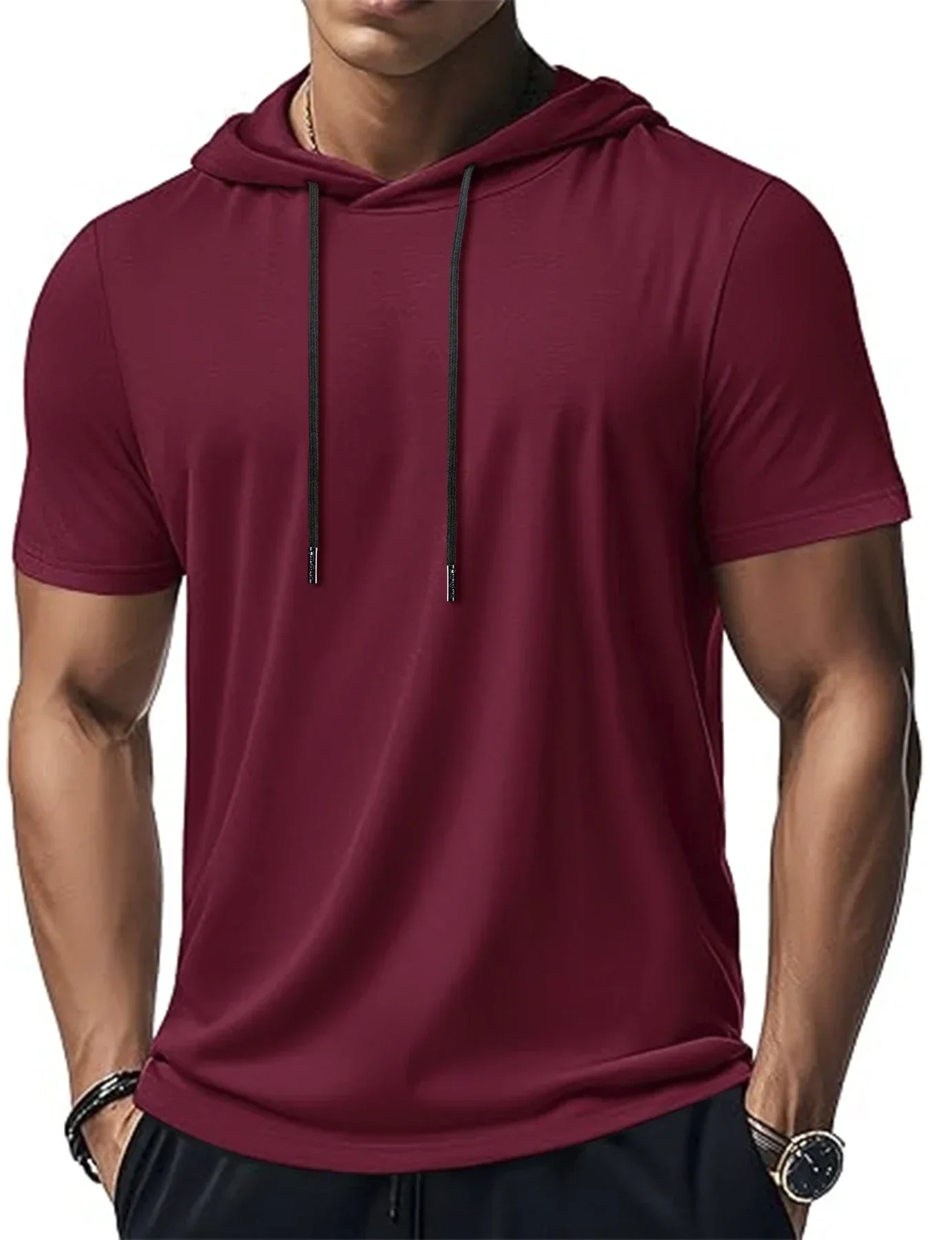 Trendiger und modischer, dünner Stil für Herren, atmungsaktiv, locker, Outdoor, Laufen, lässig, Top, Sport, kurzärmelig, T-Shirt mit Kapuze – Detail 12