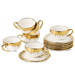 6 Sets, Ceramic Cups With Saucers, Espresso Cups and Saucers, Porcelain Coffee Cup and Saucer Set with Gold Trim, 2.5 oz Demitas