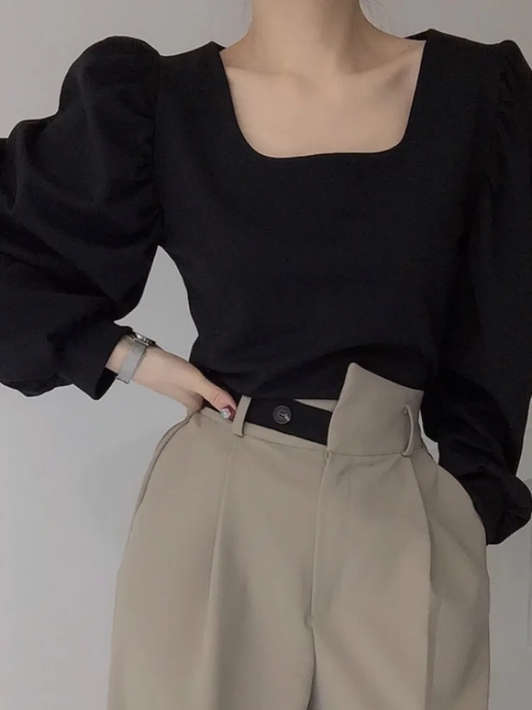 เสื้อผู้หญิงเอเล ฮีปเบิร์น ทรงสี่เหลี่ยม แขนพอง ยาว แฟชั่นฤดูใบไม้ร่วง รุ่นใหม่ สวยมีเสน่ห์