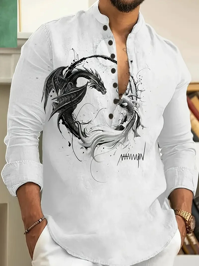 New men's linen short-sleeved shirt, fashionable, retro style, ethnic totem print, comfortable and breathable, men's top